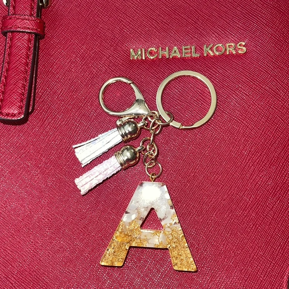 🆕 Letter A Keychain Charm Gold Glitter Pendant Tassel Key Ring for Handbags